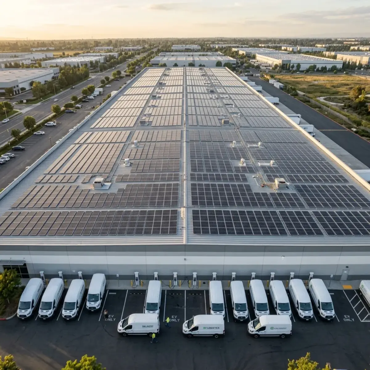 Realistischer Gewerbepark mit PV und Ladeinfrastruktur